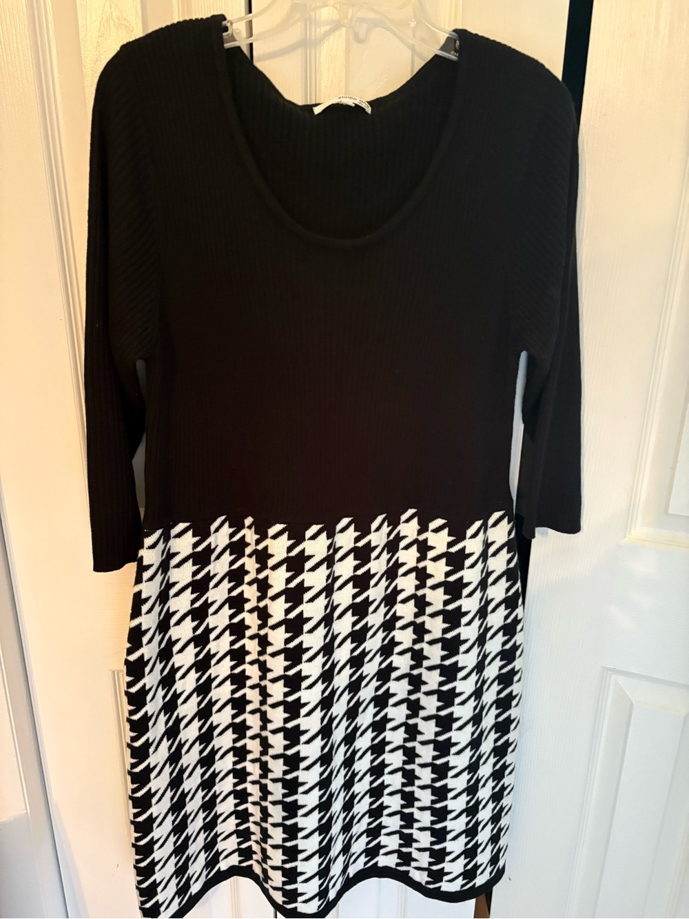 Studio One Black Top with Black-and-White Houndstooth Midi Dress